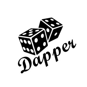 Könnte beinhalten: Schwarz-weiß-Illustration von zwei Würfeln mit dem Wort "Dapper" darunter in einer stilisierten Schrift.