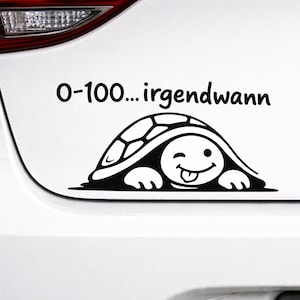 May include: Black and white car sticker showing a cartoon turtle winking and sticking its tongue out. The text above the turtle reads "0-100... irgendwann". The sticker is on a white car.