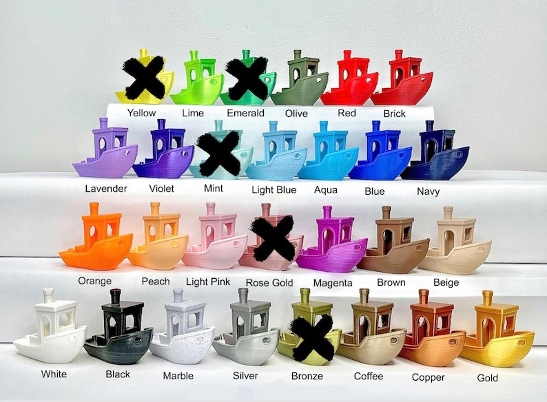 May include: A collection of 18 miniature toy boats in various colors, including yellow, lime, emerald, olive, red, brick, lavender, violet, mint, light blue, aqua, blue, navy, orange, peach, light pink, rose gold, magenta, brown, beige, white, black, marble, silver, bronze, coffee, copper, and gold.