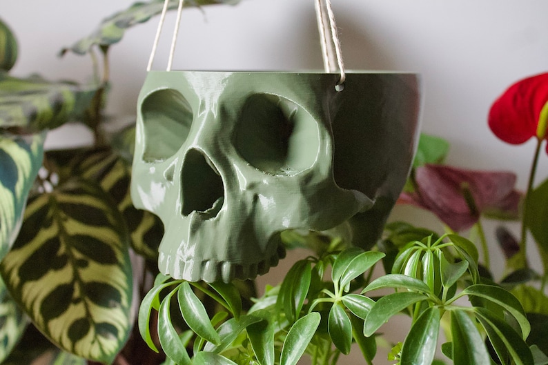 Hanging Skull Planter Small Hanging Pot Halloween Decor Succulent Planter Trailing Succulent Planter Eco Friendly 3D Printed Olive