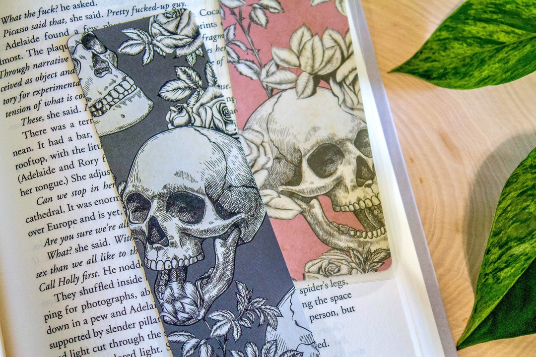 Set Of 4 Raven & Skull Bookmarks – Floral Two-Sided Paper/Plastic, 16cm
