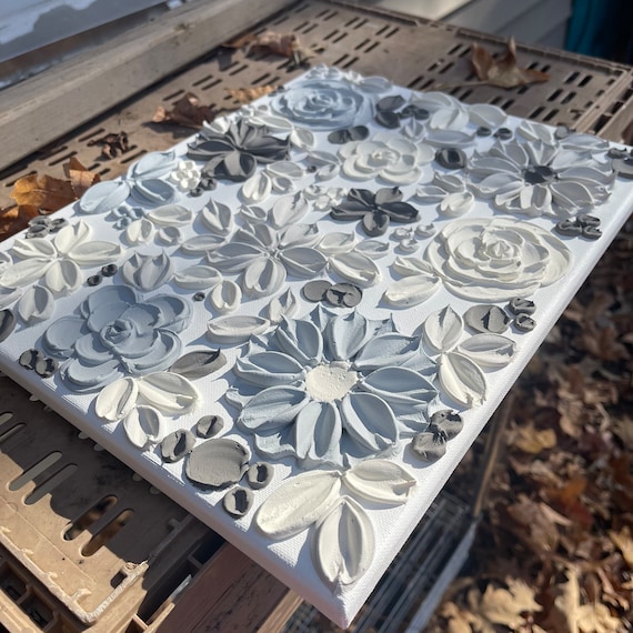 3D Textured Flower Painting: White & Gray Floral Art, 11x14 Canvas