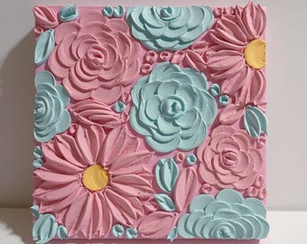 Blue And Pink 3D Floral Painting, Textured 3D Pink Flower Artwork, Blue Wall Art, Home Decor, Original Handmade Art Shelf Decor, Gift Idea