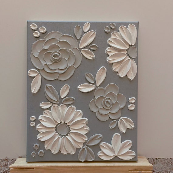 3D Textured White Flower Painting: Gray Minimalist Wall Art Home
