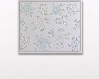 White And Light Blue Wall Art: Textured 3D Floral Painting Handmade Artwork
