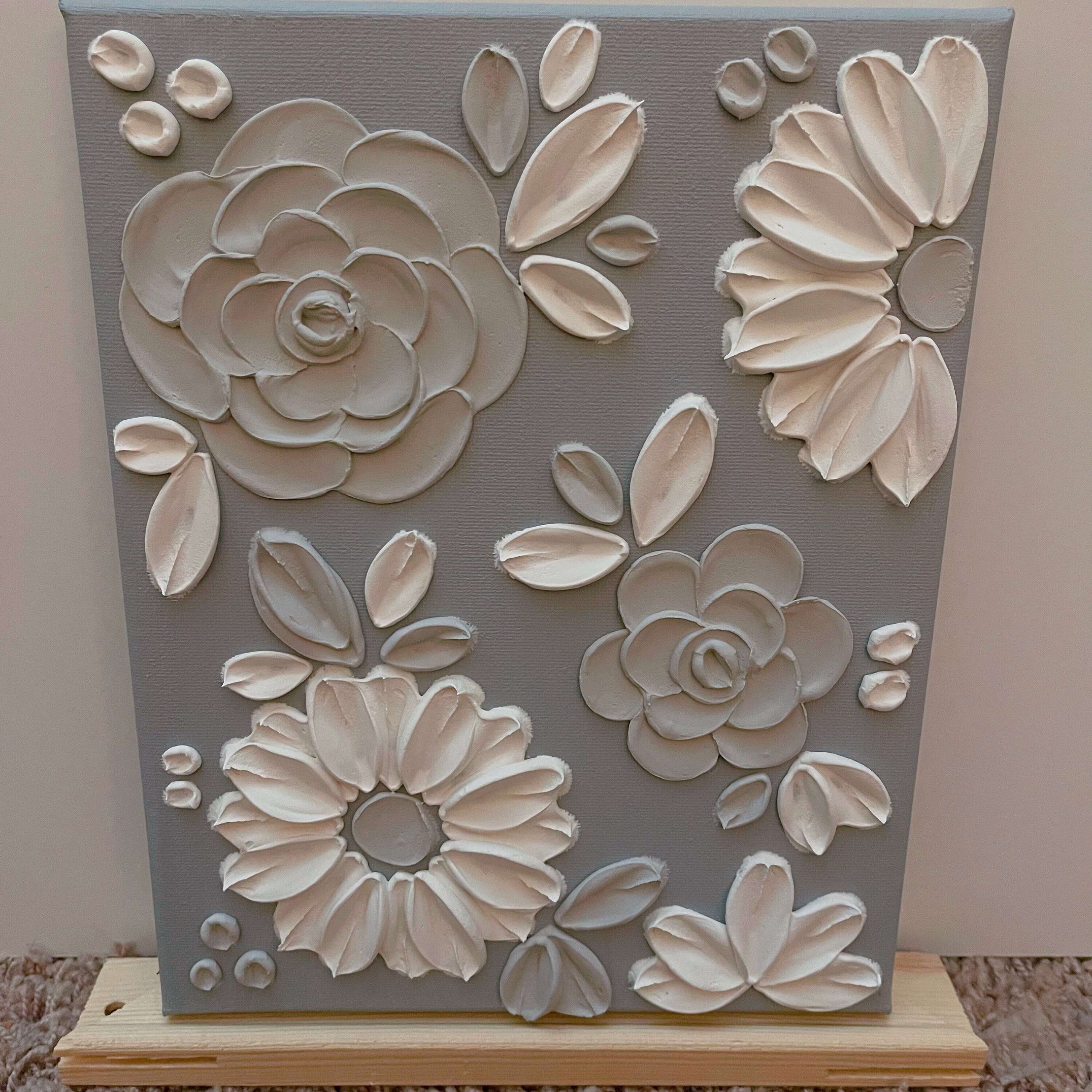 3D Textured White Flower Painting: Gray Minimalist Wall Art Home