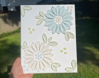Textured Floral Painting: 3D White & Light Blue Flower Art