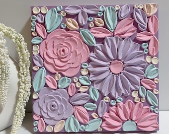 3D Textured Floral Wall Art Original Painting 8x8 | Pastel Flower Canvas | Handmade Impasto Art |  Pink Purple Floral Art Home Decor