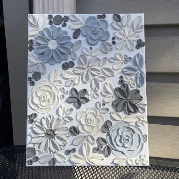 3D Textured Flower Painting: White & Gray Floral Art, 11x14 Canvas