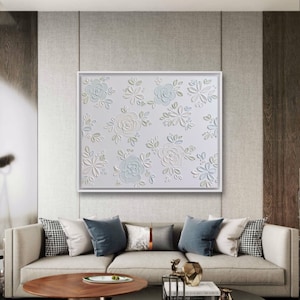 White And Light Blue 3D Wall Art, Original 3D Textured White Floral Wall Art, Handmade 3D Light Blue Flower Painting, Bedroom Wall Art Decor