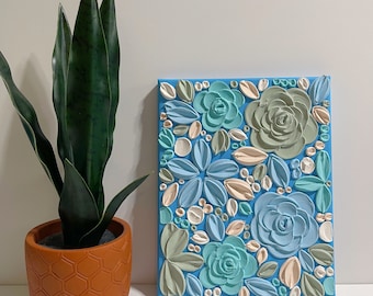 Blue 3D Textured Painting Floral Artwork, Sage Green And Turquoise Floral Design, Home Decor, 3D Flower Wall Art, Original Painting