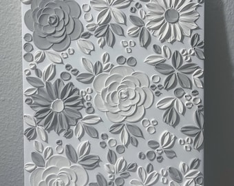 Textured Floral Painting 3D Artwork 11”x 14” Canvas – White And Gray Minimalist Wall Art