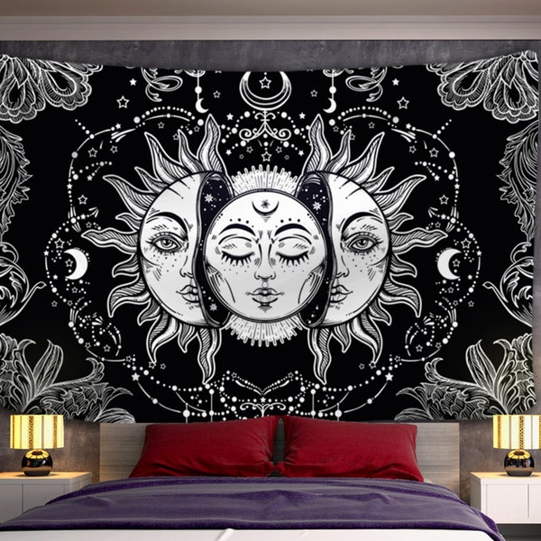 Tapestry Wall Hanging | White Black Sun and Moon Mandala Tapestry - Custom Bohemian Wall Hanging
