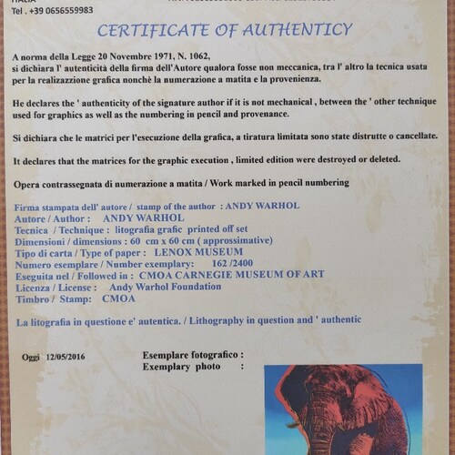 Andy Warhol shops Elephant - CMOA Certificate (Andy Warhol Signed, Elephant Wall Art, Elephant Birthday)
