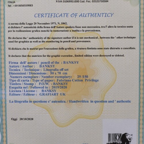 BANKSY Signed - Barcode Leopard - Certificate (Banksy shops Art, Banksy Wall Art, Banksy Lithograph, Banksy Gift, Banksy Graffiti Art)