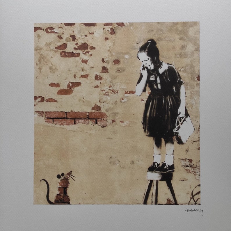 BANKSY Signed - Girl on Stool Scared Of Rat shops - Certificate (Banksy Art, Banksy Wall Art, Banksy Gift, Banksy Graffiti Art)