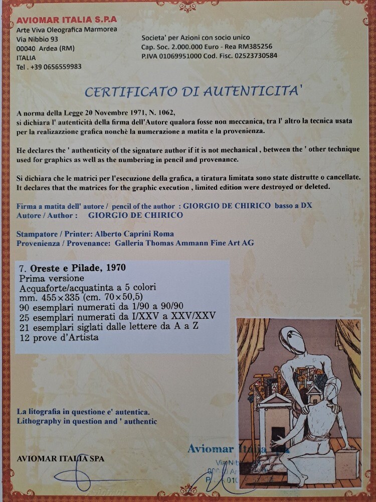 DE CHIRICO Signed Orestes and Pilades Certificate Etsy