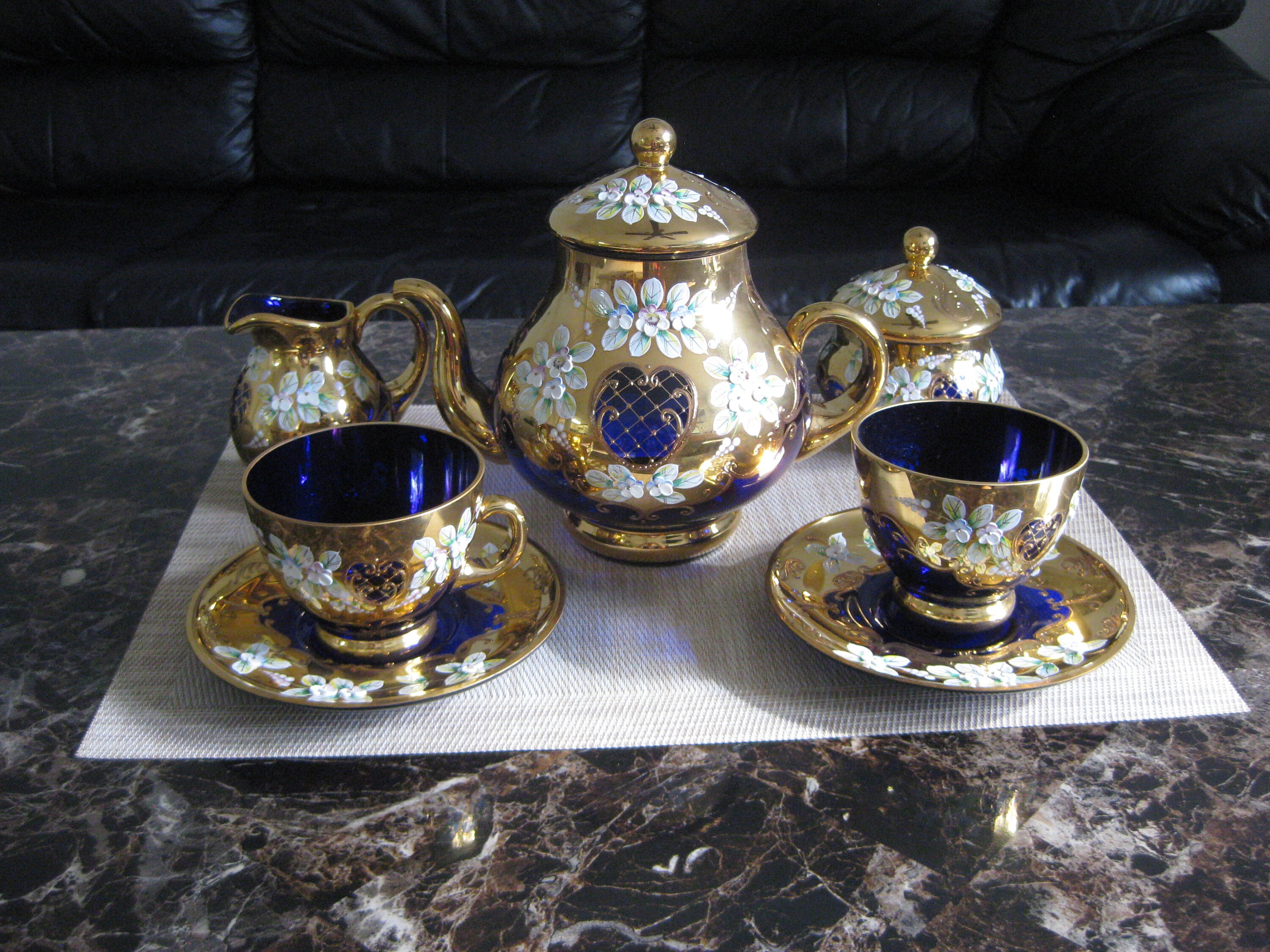 Cobalt Blue Glass Tea Set hand painted by 24K gold with enamel Etsy