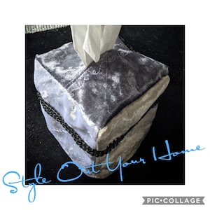 Square PATCHWORK Tissue Box Cover Velvet + Embroidered Edging + Silver Diamante Rhinestone Crystal Sparkly
