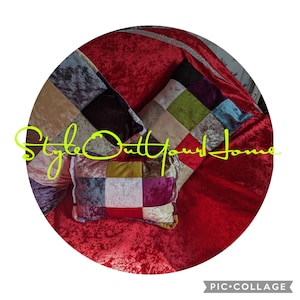 May include: Three patchwork velvet throw pillows in shades of gray, brown, pink, red, green, and purple. The pillows are on a red velvet surface. The text "Style Out Your Home" is written in green.