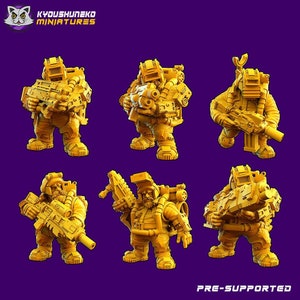 Może przedstawiać: Sześć żółtych, trójwymiarowych figurek miniaturowych futurystycznych żołnierzy, każda w innej pozie i z inną bronią. Figurki są wstępnie podparte i gotowe do wydrukowania.