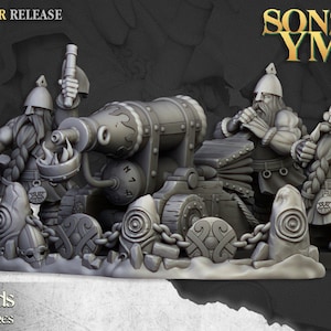 May include: A gray plastic miniature set of dwarves operating a cannon with a chain link fence. The dwarves are wearing helmets and have beards. The cannon is labeled "Sons of Ymir".