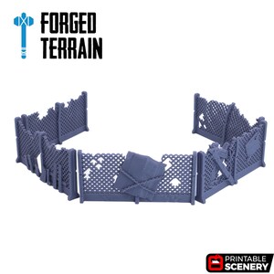 May include: A set of six gray plastic, broken chain link fence sections. The fence sections are designed to be used as a tabletop gaming terrain piece.