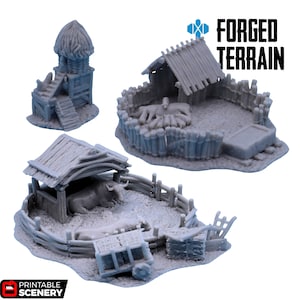 15 mm bondgårdsbyset, svinstia, oxar, hönshus, hönstorn, utskrivbara landskap, fantasibybor, byggnadslandskap, terrängrekvisita