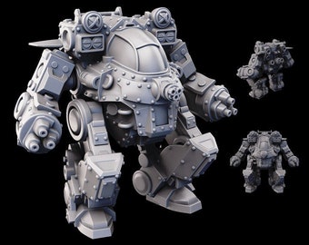 May include: A gray 3D printed model of a heavily armored, futuristic walker with a cockpit and multiple cannons. The model is labeled "USMC Heavy Assault Walker" and "1/64 Scale".