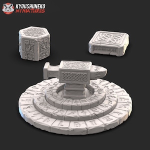 May include: A set of three white, stone-like, miniature, 3D printed, fantasy, tabletop game pieces. The pieces are a circular base with runes, a small square, and a hexagonal shaped piece. The pieces are all decorated with Celtic knotwork.
