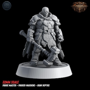 May include: A detailed, gray miniature figure of a warrior in heavy armor, holding a large hammer. The figure has a skull-like mask and is standing on a white base. The text "32mm Scale" and "Forge Master - Forged Wardens - Iron Depths" are at the bottom.