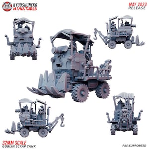 May include: A gray 32mm scale goblin scrap tank model kit. The tank has a claw-like front, a crane arm, and a canopy. The kit is pre-supported and comes with multiple goblins.