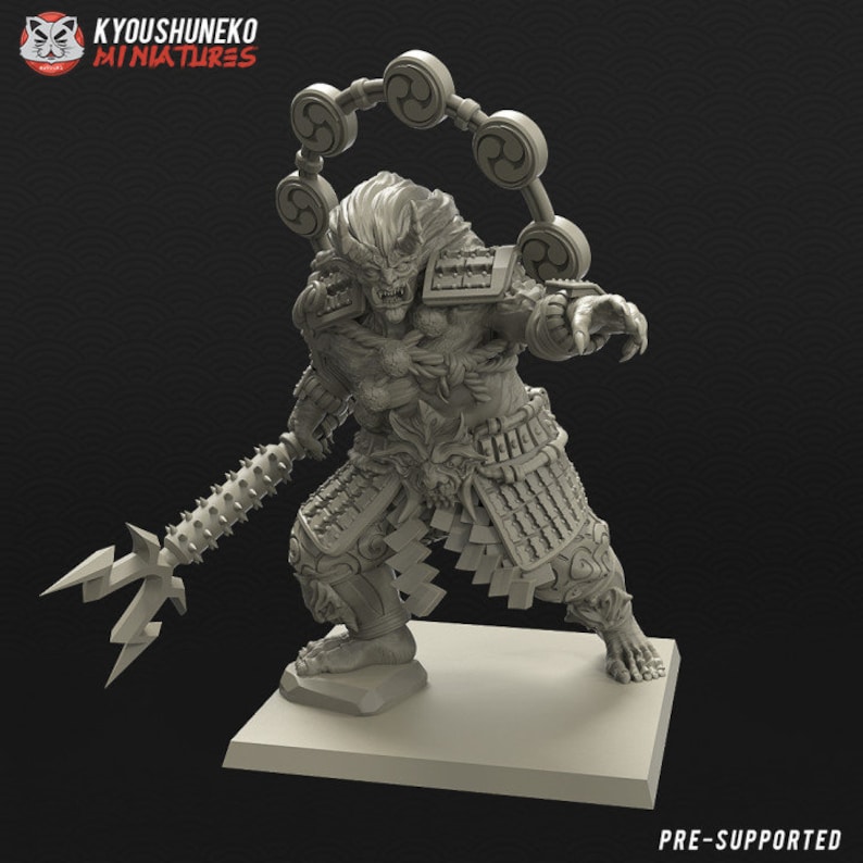 May include: A grey 3D printed miniature of a Japanese demon warrior holding a spiked weapon. The demon is wearing armor and has a fierce expression. The miniature is pre-supported and ready to be printed.
