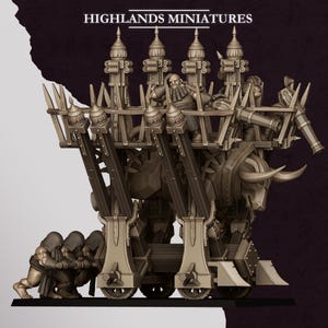May include: A detailed miniature model of a siege engine pulled by a bull-like creature. The model features multiple figures, towers, and intricate details. The text "HIGHLANDS MINIATURES" is displayed at the top.