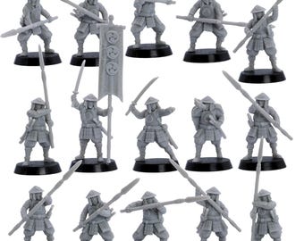 May include: A set of unpainted miniature samurai figures. Each grey figure stands on a black base. The samurai are shown in various action poses, holding spears, swords, and a banner. The figures are detailed with armour and helmets.