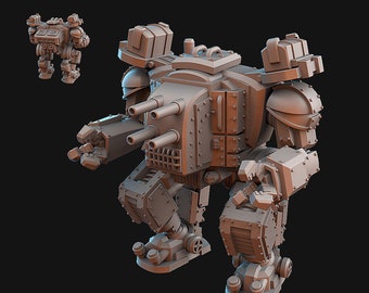 May include: A gray, pre-supported 3D printed model of a walking robot with a large cannon on its back. The robot has a detailed design with many small parts and is ready to be assembled and painted.