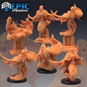 May include: Set of six 3D printed miniature ghostly figures with flowing robes and detailed facial expressions. The figures are posed in various dynamic stances and appear to be floating on stone bases.