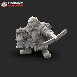 May include: A grey 3D printed miniature of a dwarf holding a lantern and a crossbow. The dwarf is wearing a fur-lined coat and has a long beard.