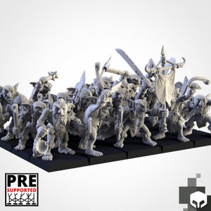 May include: A set of 15 unpainted, pre-supported goblin miniatures for tabletop gaming. The goblins are posed in various fighting stances, holding weapons such as swords, axes, and spears. The miniatures are made of a gray plastic material and are ready to be assembled and painted.
