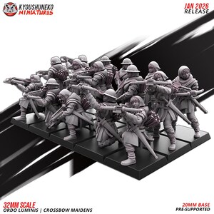 May include: A collection of grey miniature figures, the "Crossbow Maidens," are shown in action, each with a crossbow. The figures are mounted on a black base. Text includes "JAN 2026 RELEASE" and "32MM SCALE". The base is 20mm.