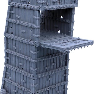 May include: A grey, miniature siege tower with a drawbridge, designed for tabletop gaming. The tower is constructed of vertical wooden planks, reinforced with horizontal beams and metal bands. It features a detailed, weathered appearance and small wheels.