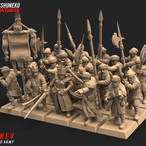 May include: A set of 15 unpainted plastic miniature figures of soldiers wearing fur-lined hats and holding spears and swords. The figures are arranged in a battle formation and are ready to be painted. The figures are part of the "Krizhnev Winter Guard Army" collection.