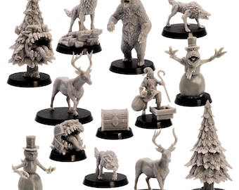 May include: A collection of gray miniature figurines, including a bear, wolf, deer, snowman, and Christmas trees. Each figure is mounted on a black circular base. The figurines have detailed features and are suitable for tabletop gaming or display.