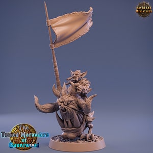 Standard Bearer Goblin Dongli Smite on Head Runner | Mounted Goblin Warrior Fighter | 32mm scale Wargaming Fantasy RPG DnD Goblin Miniature