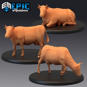 May include: Three miniature brown cows in different poses. The cows are standing, lying down, and grazing. The cows are made of a light brown plastic material.