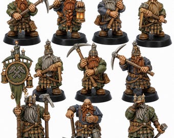 Dwarf Miner Miniature Set – 10 Fantasy Dwarf Figures | 32mm Scale RPG & Wargaming Models | Highlands Miniatures Licensed