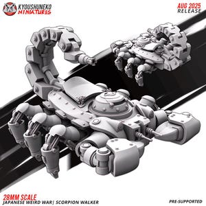 May include: A grey, 28mm scale Scorpion Walker miniature from the Japanese Weird War series. The model features a detailed, mechanical scorpion design with articulated legs, a segmented tail, and a central armored body. The text "AUG 2025 RELEASE" is visible.