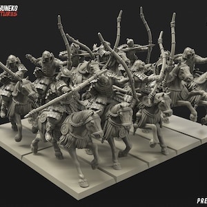 Unidad de caballería de arqueros samuráis japoneses 10x / Kyoushuneko Miniatures / Miniaturas de caballería de arqueros feudales para juegos de guerra de fantasía DnD de mesa / 30 mm