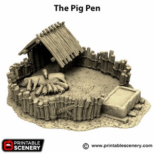 Pig Pen Sow and Piglets | Wargames RPG DnD Fantasy Farm Building Scatter Terrain Props | DnD Scenery | Pig Pen Farm Fantasy | Pig Pen