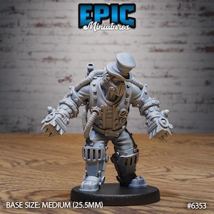 May include: A gray miniature figure of a steampunk-style character with a top hat, goggles, and mechanical armor. The figure is standing on a black base. The text "EPIC Miniatures" is at the top. The base size is medium (25.5mm).